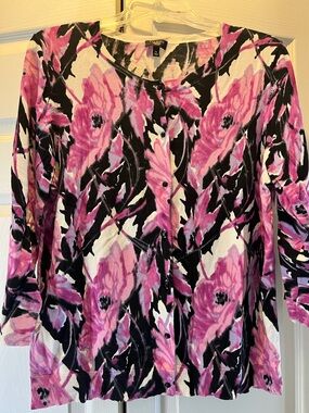 Talbots Pink and Black Floral Button-Front Three-quarter Sleeve Cardigan